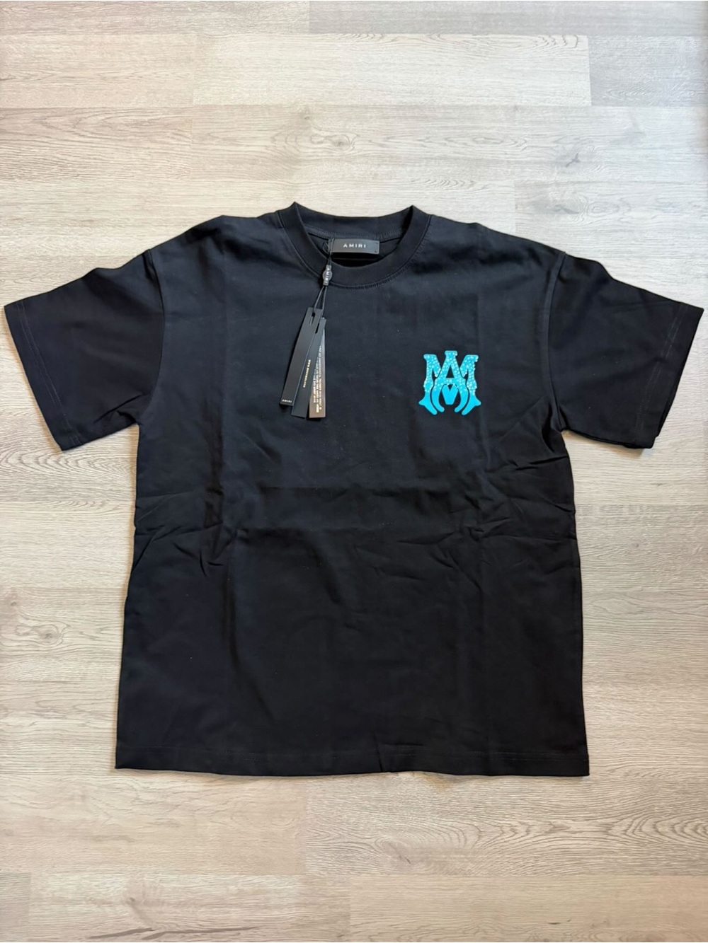 AMIRI Black Short Sleeve Tee with Turquoise Chest Logo